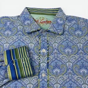 Robert Graham Shirt Mens 2XL XXL Blue Paisley Flip Cuff Luxury Button Up